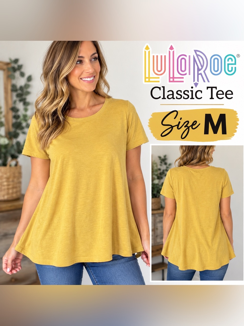 LuLaRoe Classic Tee Size Medium Mustard Yellow Flowy Swing Hem Short Sleeve